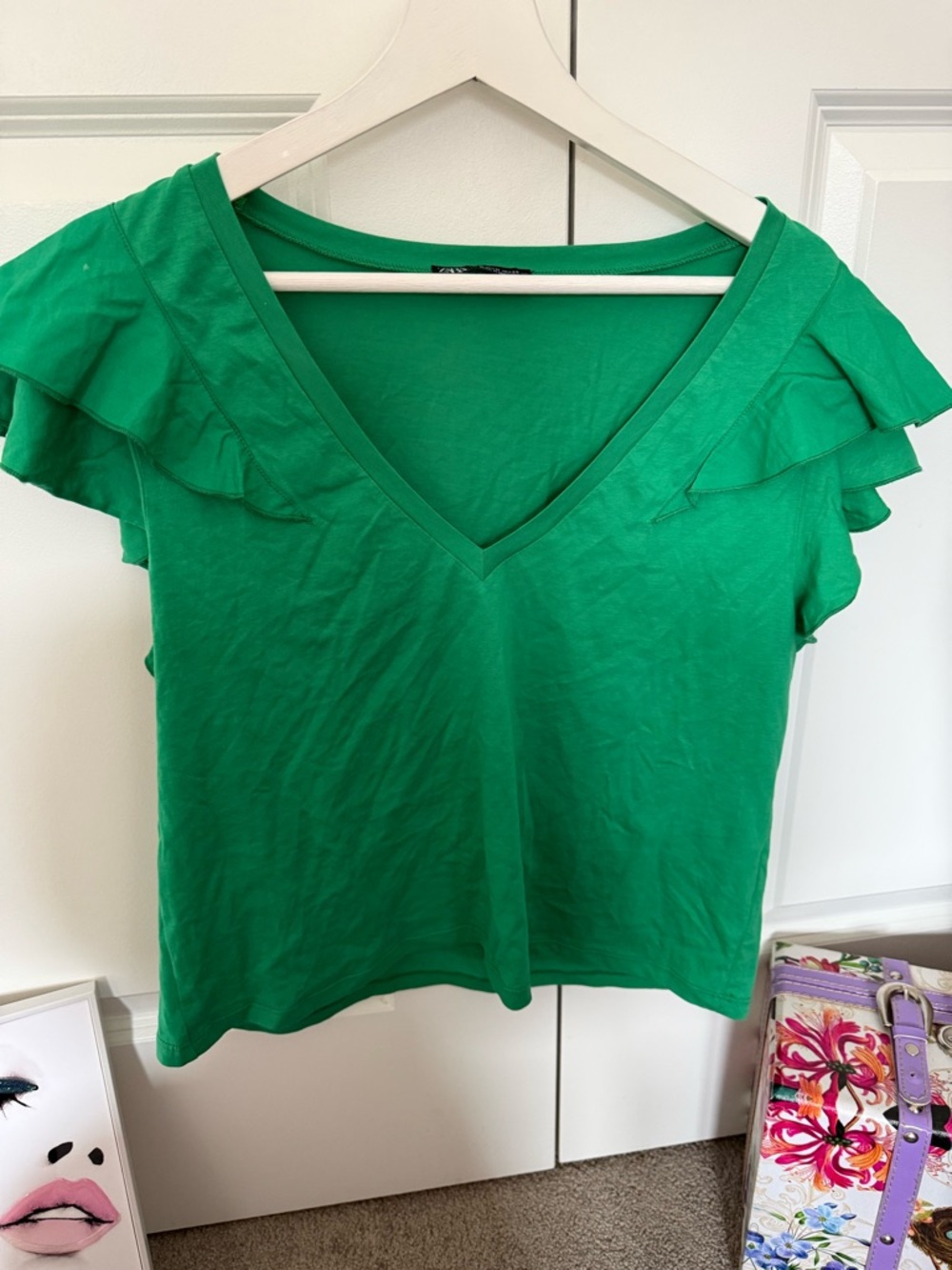 Zara Green V-Neck Ruffle Sleeve Top